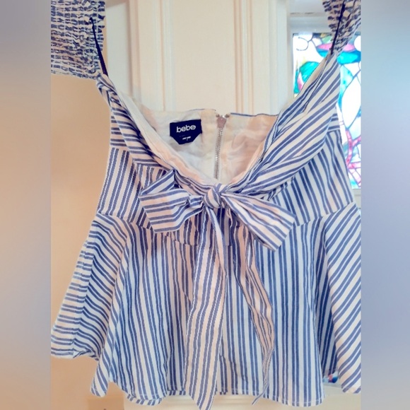 BEBE Nautical Top White Navy Stripes zip back BowTie front Wear off shoulders - Picture 6 of 7